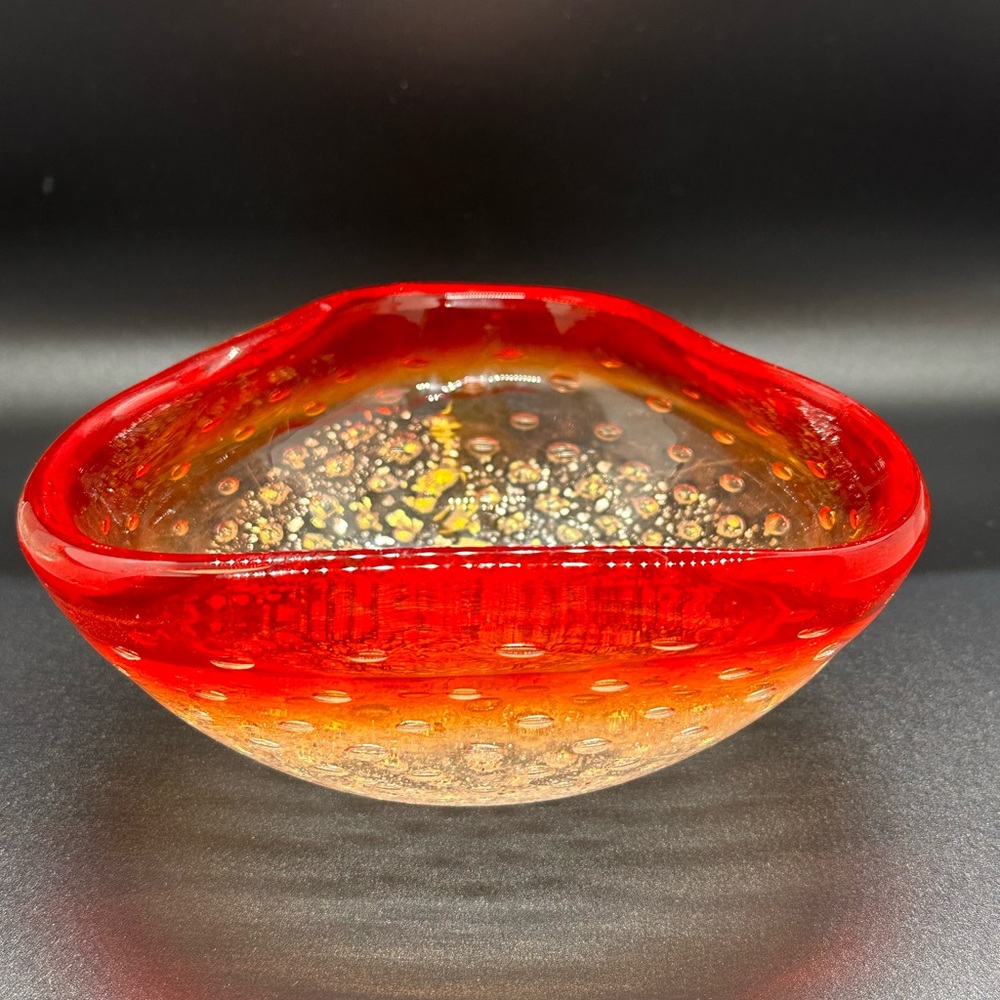 - Vintage Murano Red to Clear Controlled Bubble Candy Dish with Gold Inclu…